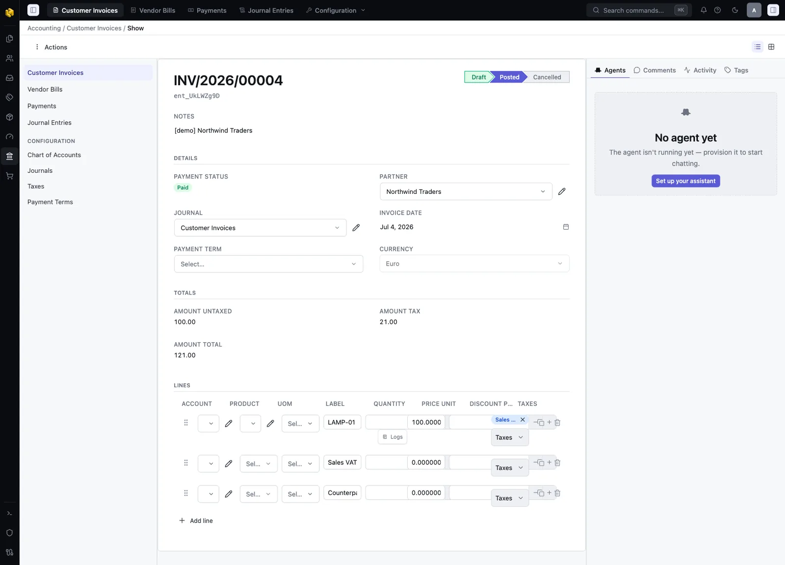 ARPEE customer invoice INV/2026/00004 — a Draft to Posted stepper with a Paid payment-status badge, partner and journal fields, tax lines, and computed totals.