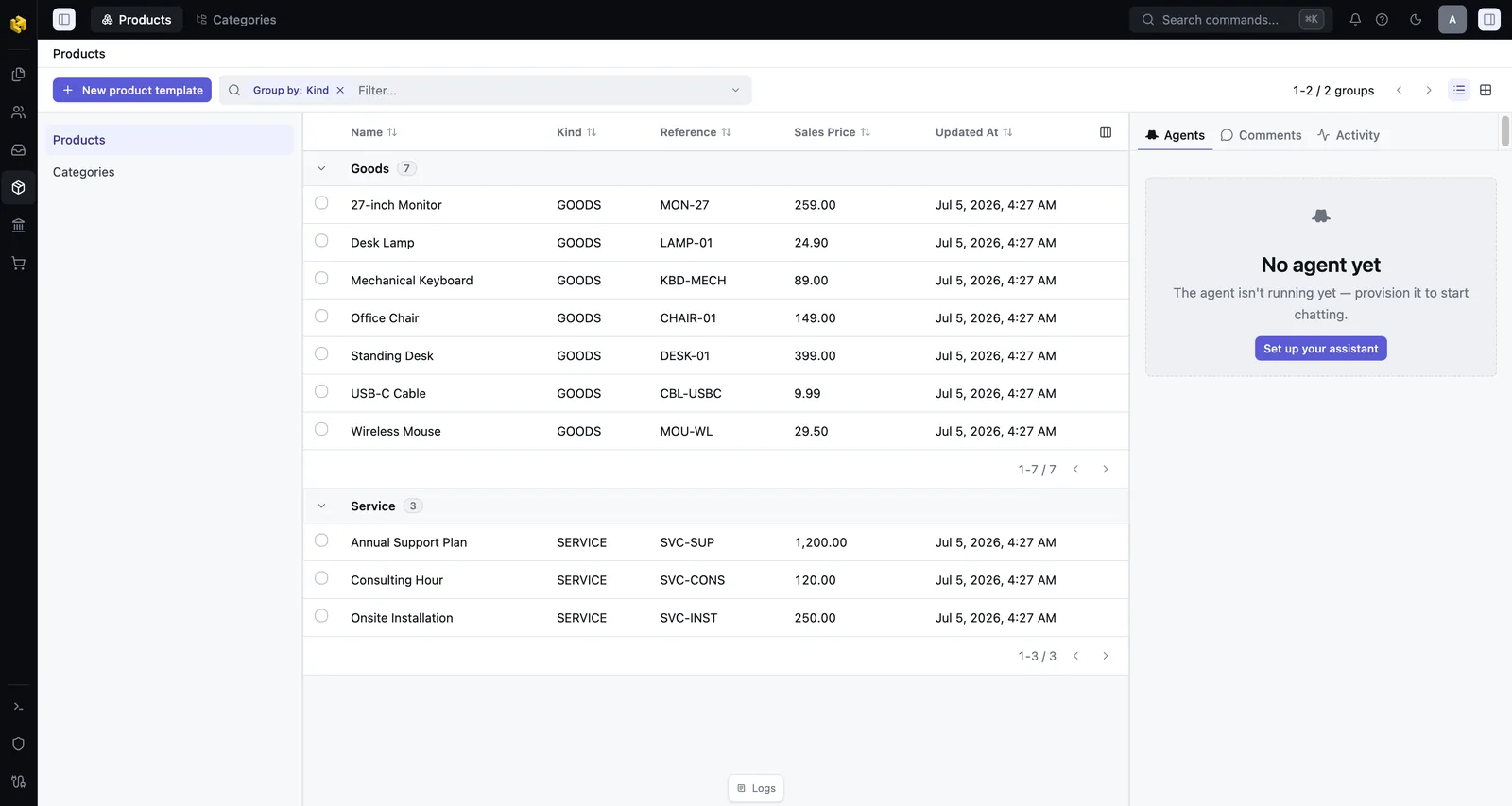 ARPEE product catalog grouped by kind, showing seven goods and three services with reference codes and formatted sales prices.